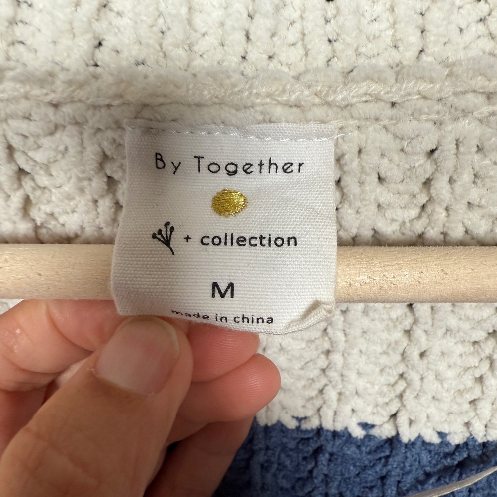 Together Collection Medium Sweater Top White Blue Striped Chunky Crochet Cozy - Picture 6 of 9